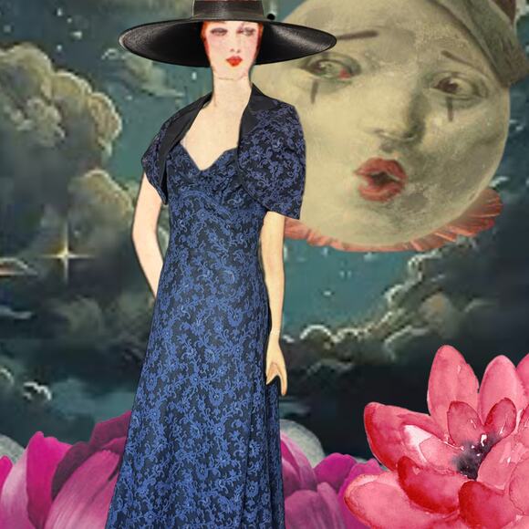 Vintage 1950s Dark Blue Lace Party Dress Ribbon Strap w Bolero Prom Gown 2pc - Picture 1 of 16